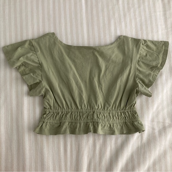 Sage Flutter Sleeve Tie Front Crop Top - Picture 2 of 5